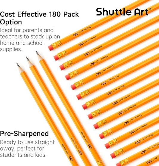 Shuttle Art Wood-Cased #2 HB Pencils, 180 Pack Sharpened Yellow Pencil with Erasers, Bulk Pack Graphite Pencils for School and Teacher Supplies, Writing, Drawing and Sketching