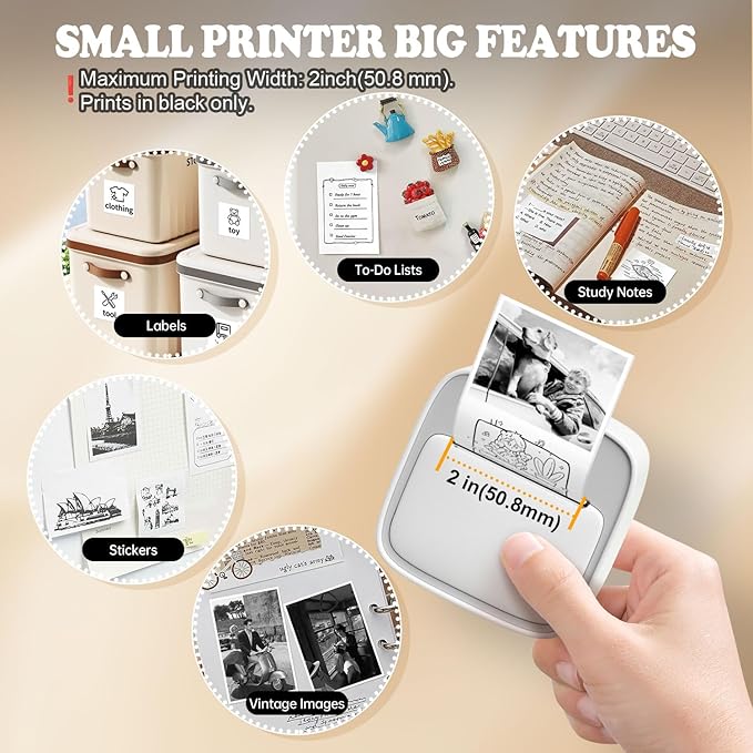 Mini Sticker Printer - S1 Portable Sticker Maker Machine with 1 Roll Sticker Paper, Bluetooth Print Pods Pocket Printer for Study Notes, Graphics, Students, Kids Gift, Free App, Grey