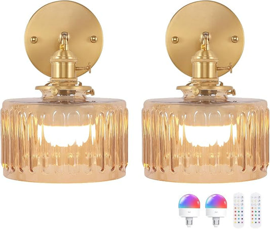 Vintage Battery Operated Wall Sconce with Amber Striped Glass Lampshade 5000 mAh Rechargeable Battery Powered Wall Light with Remote Control for Bedside Bedroom Doorway, Set of 2