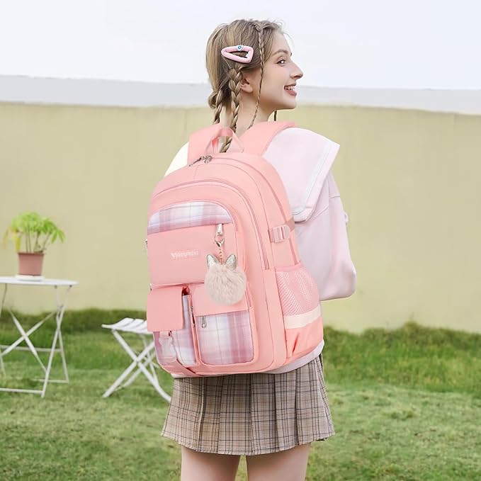 3PCS School Backpack For Student Women College Middle High Teen Girls Bookbag Waterproof Laptop Bag Plaid Pink