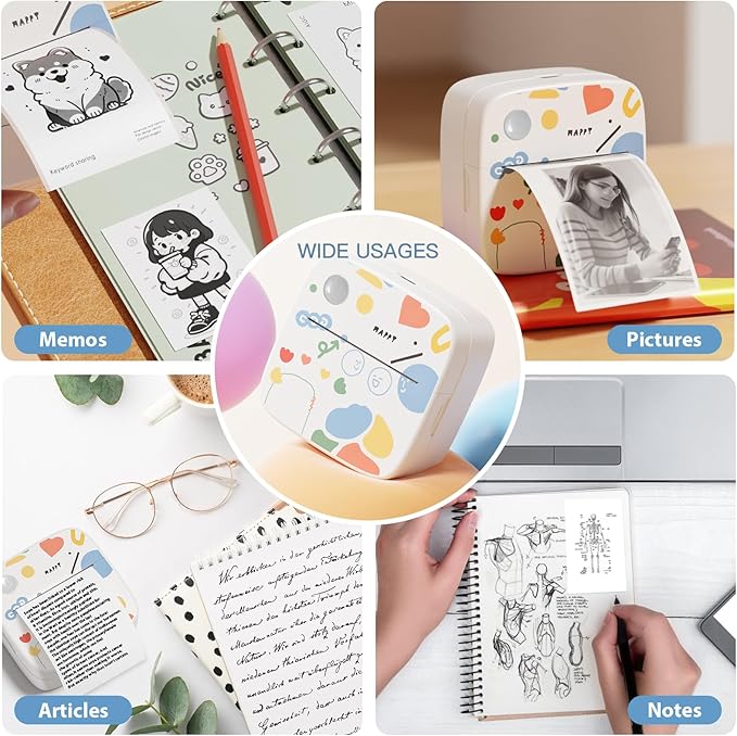 Sticker Printer with 9 Rolls Thermal Paper, Little Thermal Printer Compatible with iOS & Android, Pocket Inkless Mini Sticker Maker, Label Maker Machine for Study, Journal, Memo, Notes