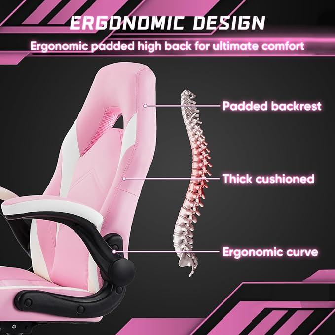 DUMOS Gaming Ergonomic Office Chair for Adults, Height Adjustable Computer Desk Chair with Flip-up Armrests, PU Leather Swivel Video Game Chair with 360° Rolling Wheels, Pink