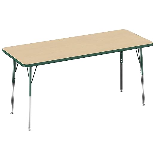 FDP Rectangle Activity School and Office Table (24 x 60 inch), Standard Legs with Swivel Glides, Adjustable Height 19-30 inches - Maple Top and Green Edge