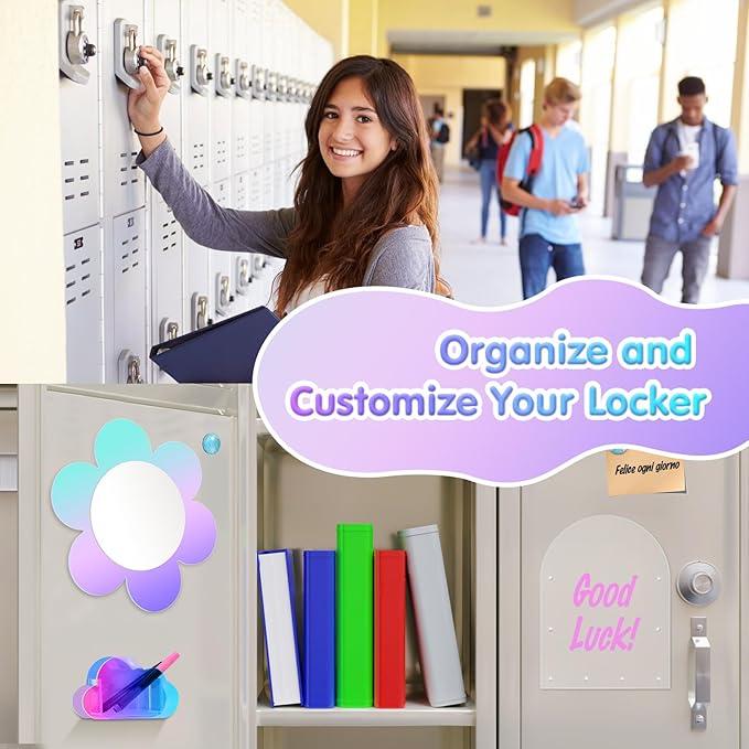MoKo Locker Accessories Set, 5 in 1 Back to School Supplies College Essentials Includes Magnetic Acrylic Board, Locker Mirror, Markers Holder, Marker Pens and Locker Magnets, Flower