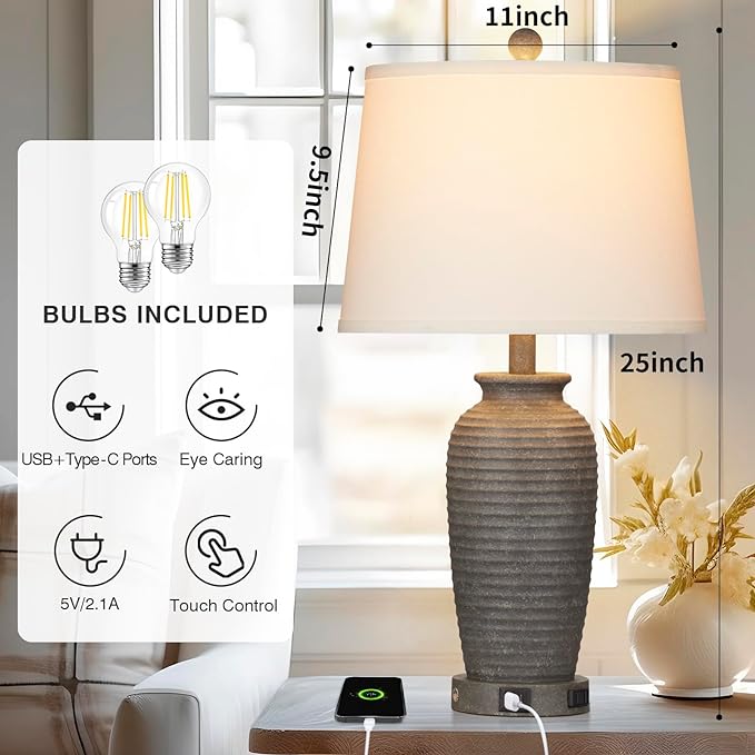 25" Farmhouse Jar Table Lamps Set of 2, 3 Way Touch Control Rustic Bedside Lamps with USB A+C Ports & AC Outlet, Pot Nightstand Lamps for Bedroom Living Room (LED Bulbs Included)