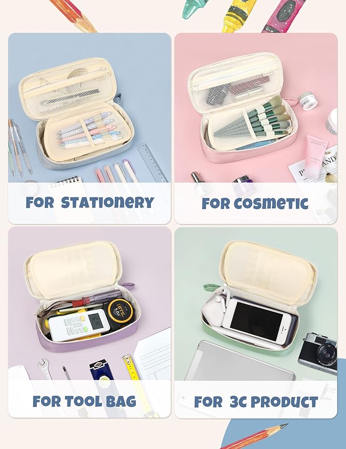 SUNEE Cute Pencil Case, Aesthetic Pen Pouch, Colored Large Pencil Bag with Zipper, Kawaii Stationery Storage and Organizer, School Supplies for Teen and Adult Girls, Blue