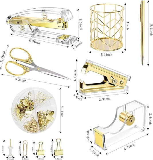 Famassi Gold Desk Accessories，Office Supplies Set Acrylic Stapler Set Staple Remover, Tape/Pen Holder, 2 Ballpoint Pen, Scissor, Binder/Paper Clips and 1000pcs Staples.