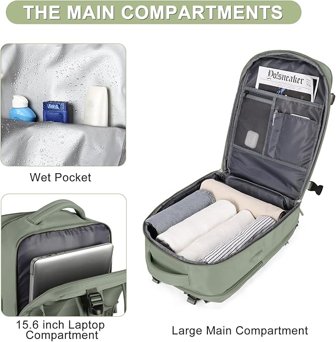 Travel Backpack For Women Men Airline Approved Carry On Backpack Flight Approved Waterproof Sports Luggage Backpack Casual Daypack Small Hiking Backpack Grey Green