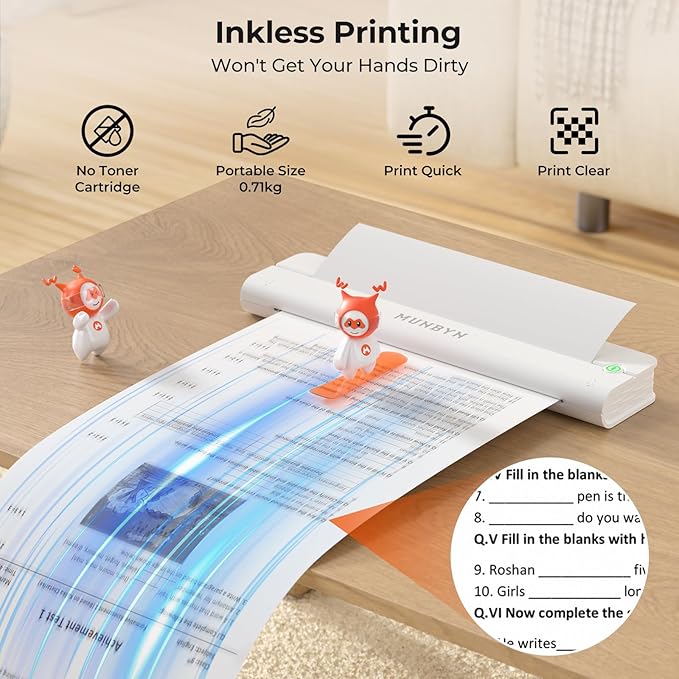 MUNBYN Portable Printers Wireless for Travel ITP02, Portable Printer Bluetooth, Support 8.5"x11" & A4 Thermal Paper, Compatible with Android, iOS & Laptop, Small Printer for Office, School(White)