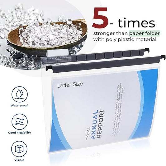 Y YOMA Plastic Hanging File Folders, Letter Size, 1” Expansion 24 Pack Clear Reinforced Hanging Folders with Tabs, Transparent Waterproof for Filing Cabinet Bulky Files Home Office