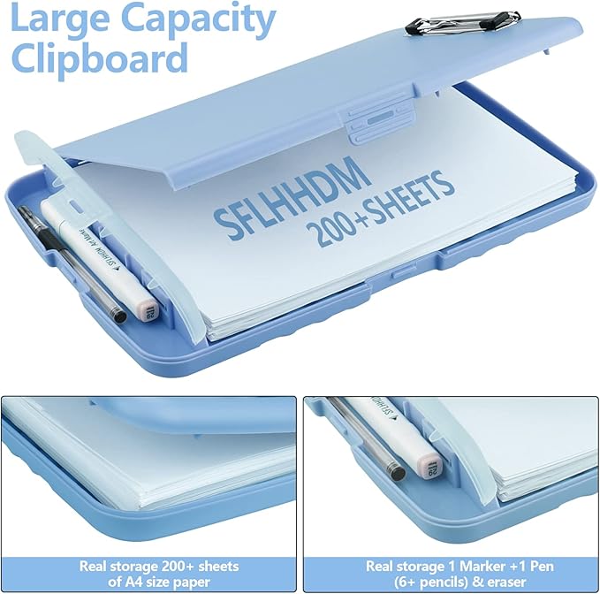 Clipboard with Storage, A4 Binder Nursing Clipboards with Pen Holder, Heavy Duty Storage Clipboard with Low Profile Clip, Clipboards Folder Side-Opening, Smooth Writing Clip Board (Lake Blue)