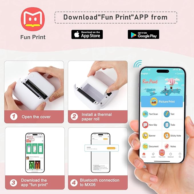 Mini Pocket Bluetooth Printer-Portable Thermal Printer with 10 Roll Papers for Journal/DIY Scrapbook/Travel/Notes/Lists/Label/Memo, Receipt Printer for Children Women Gifts Kids Christmas