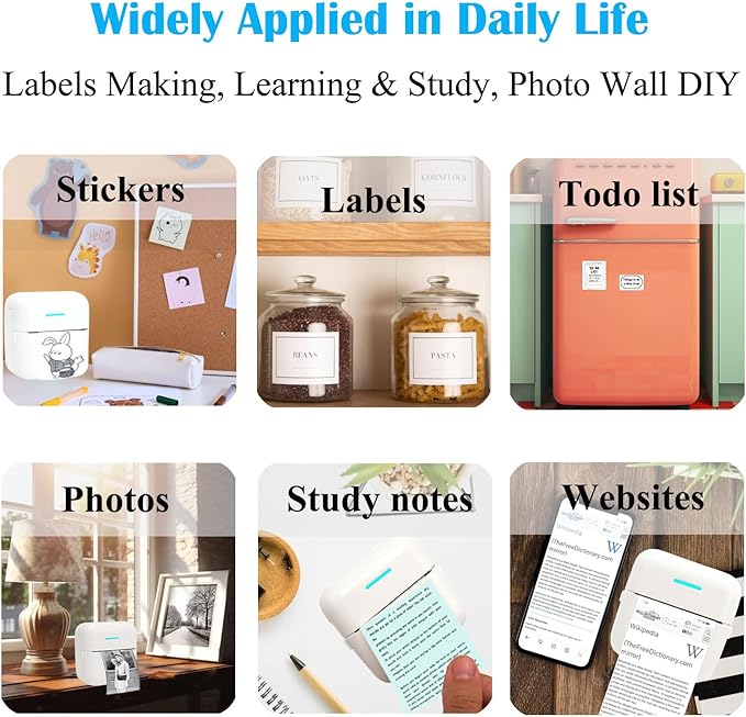 Mini Portable Printer, Inkless Sticker Printer with 12 Rolls Paper, Thermal for Notes/Photos/Stickers/Labels/Receipts, Compatible with iPhone, Android Phone & Tablet, White