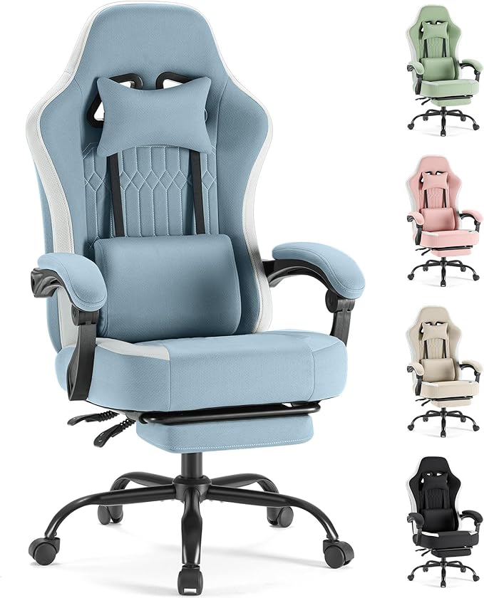 Sweetcrispy Computer Gaming Chair - High Back Ergonomic Desk Chair with Footrest and Lumbar Support, Height Adjustable Task Chair with Linkage Armrests and Headrest, 360° Swivel Wheels, Blue