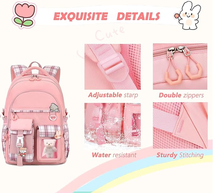 Girls Backpack，Cute School Backpack for Girls Kids Teens，Kawaii Bookbag for Primary Elementary，Pink