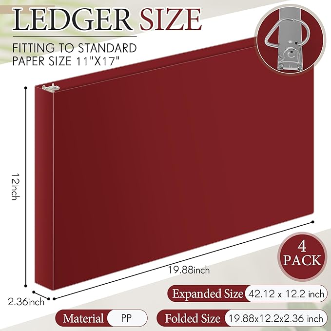 4 Pcs 11 x 17 Inch 3 Ring Binders 2 Inch Rings Heavy Duty View Plastic Flexible D Ring Binders Economy Holds 11" x 17" Paper for Artwork Blueprints, Office, Home, Work Places(Red)