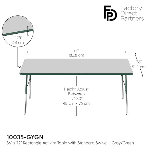 FDP Rectangle Activity School and Office Table (36 x 72 inch), Standard Legs with Swivel Glides, Adjustable Height 19-30 inches - Gray Top and Green Edge