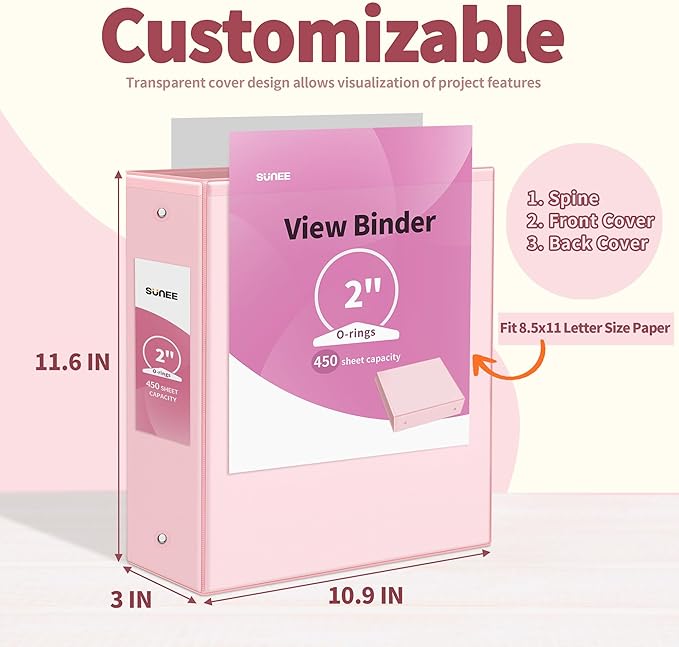SUNEE 3 Ring Binder 2 Inch 2 Pack, Clear View Binder Three Ring PVC-Free (Fit 8.5x11 Inches) for School or Office Supplies, Pink