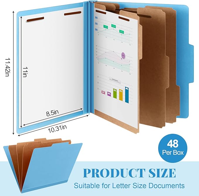 48 Pcs Classification Folders Letter Size, 3 Divider Pressboard File Folder with Fasteners, Expanding File Organizer Bulk for Teachers, Clergy, Office, Church, Christmas Donations (Blue)