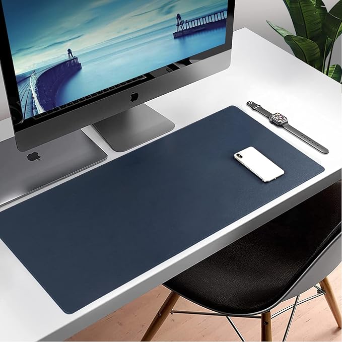 PU Leather Desk Pad Blotter,Navy Waterproof Office Desktop Mat for Men,36x17in Non-Slip Large Mouse Pad/Writing Protector/Desk Accessories