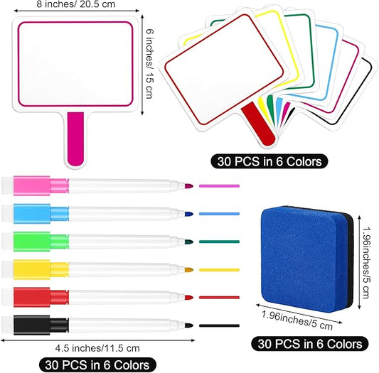 Aodaer 90 Pieces Dry Erase Answer Paddle Colorful Handheld 6 x 8 Inch Double Sided Dry Erase Paddles with 30 Dry Erase Eraser 30 Markers Mini Dry Erase Paddles for Classroom Voting & Answers Auction
