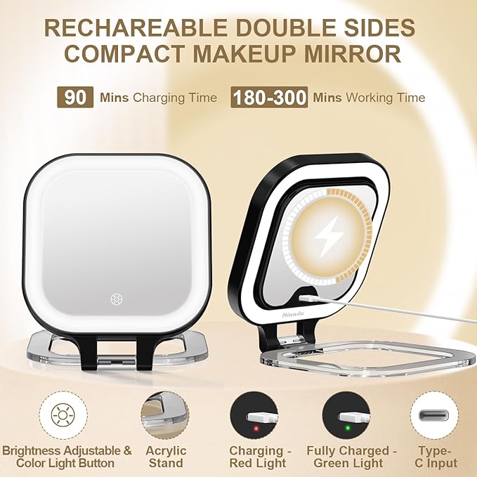 Mocado Compact Travel Makeup Mirror, 1X/10X Magnifying Mirror with Light, Double Sides Compact Mirror with 3 Color Light, Dimmable Handheld Mirror, Rechargeable Travel for Purse,Pocket(Black)