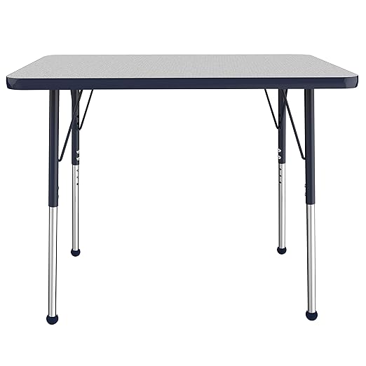 FDP Rectangle Activity School and Office Table (24 x 36 inch), Standard Legs with Ball Glides, Adjustable Height 19-30 inches - Gray Top and Navy Edge