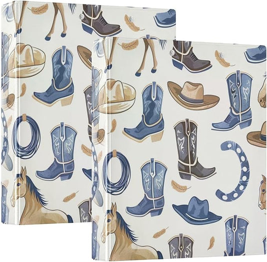 Western Horse Boots Decorative 3 Ring Binder 1.5 Inch Large View Binders with Pockets File Organizer for Office College School, 2 Pack