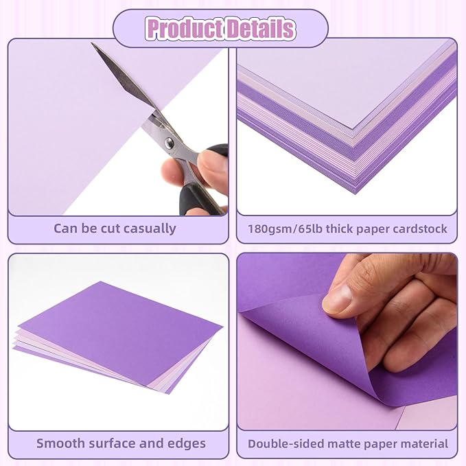 MixTeach 240 Sheets Assorted Purple Cardstock Paper 8.5 x 11" Medium Thick Card Stock 180gsm/65lb Printable Kraft Paper for Scrapbooking, Card Making, Invitations, DIY Art Craft Supplies