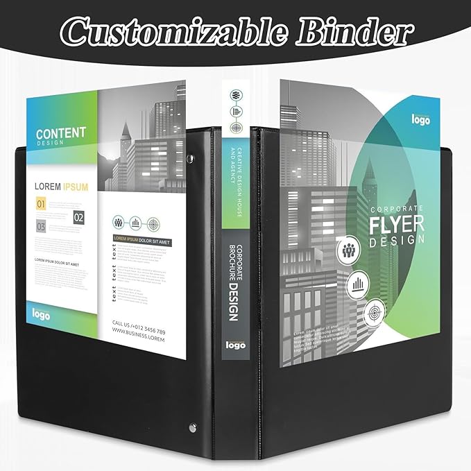 1-inch Slant D Ring Binder - 3 Ring Letter Size Binder, Presentation View with 2 Pockets, 12-Pack, Black