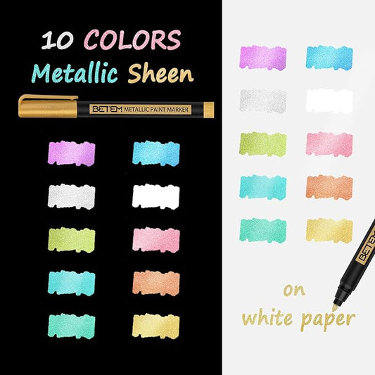 Betem Metallic Paint Markers, 10 Colors Acrylic Paint Markers for Black Paper, 2mm Medium Tips Metallic Glitter Pens for Scrapbooking, Rock Painting, Greeting Cards, Photo Albums, DIY Art Crafts