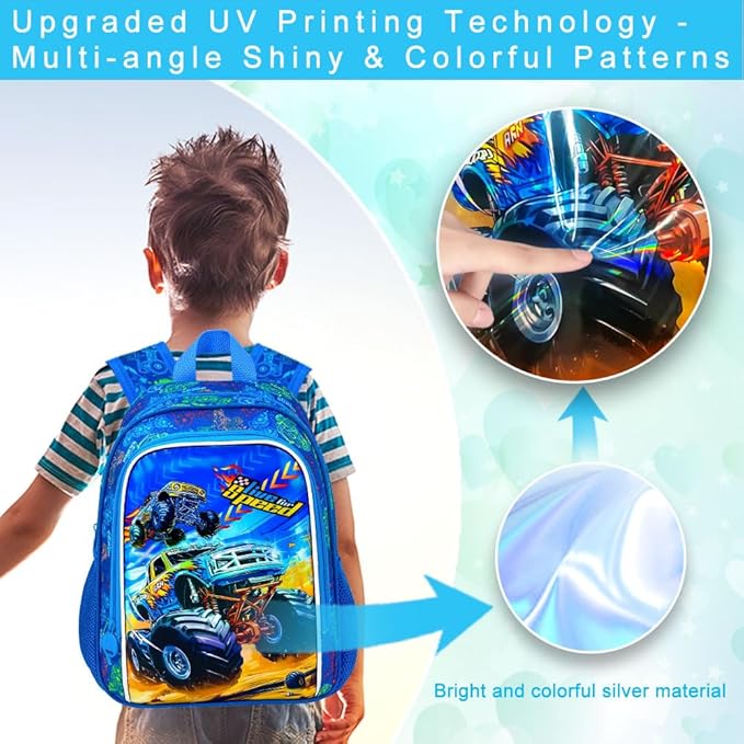 KLFVB Boys Toddler Truck Backpack, Water Resistant Kindergarten Bookbag, 13" Preschool Backpacks for Toddler - Truck Blue