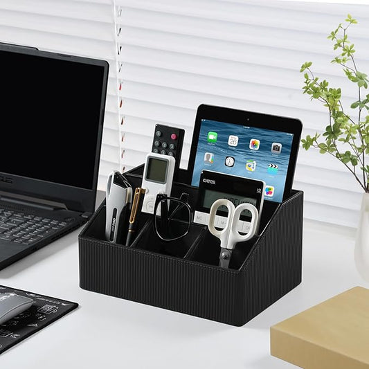 Remote Control Holder with 5 Compartments for Office Art Supplies, PU Leather Nightstand Organizer Pencil Pen Desk Caddy for Home, Desktop TV Remote Control Organizer Storage (Striped Black)