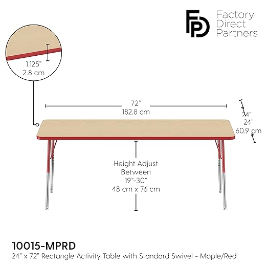 FDP Rectangle Activity School and Office Table (24 x 72 inch), Standard Legs with Swivel Glides, Adjustable Height 19-30 inches - Maple Top and Red Edge