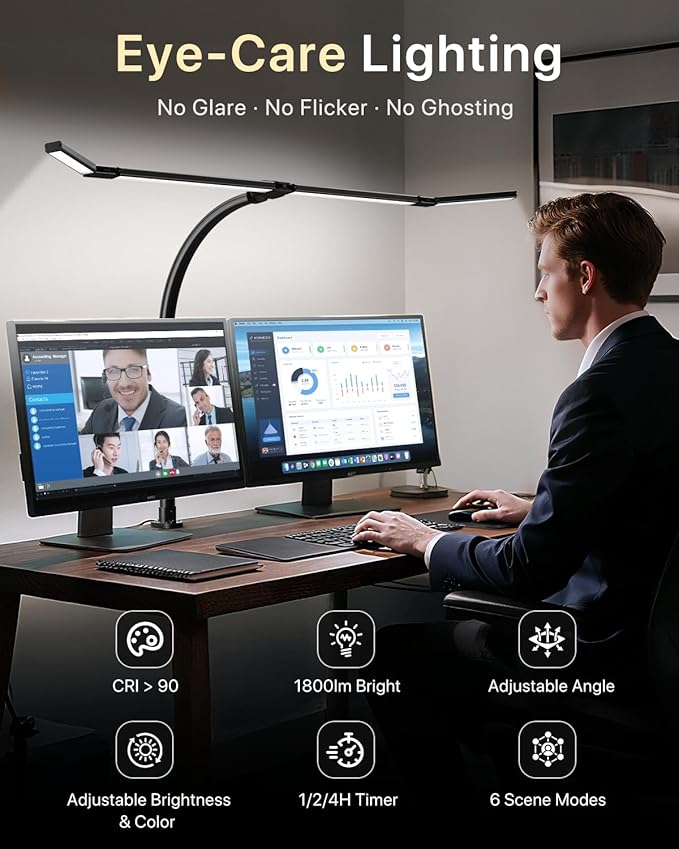 42" LED Desk Lamp with Clamp, Architect Desk Light with Remote, Adjustable 4-Segment Bar, 1800LM Bright, Eye-Caring Desk Lamp for Home Office, Reading, Study, Dual Monitors, Workbench (Black)