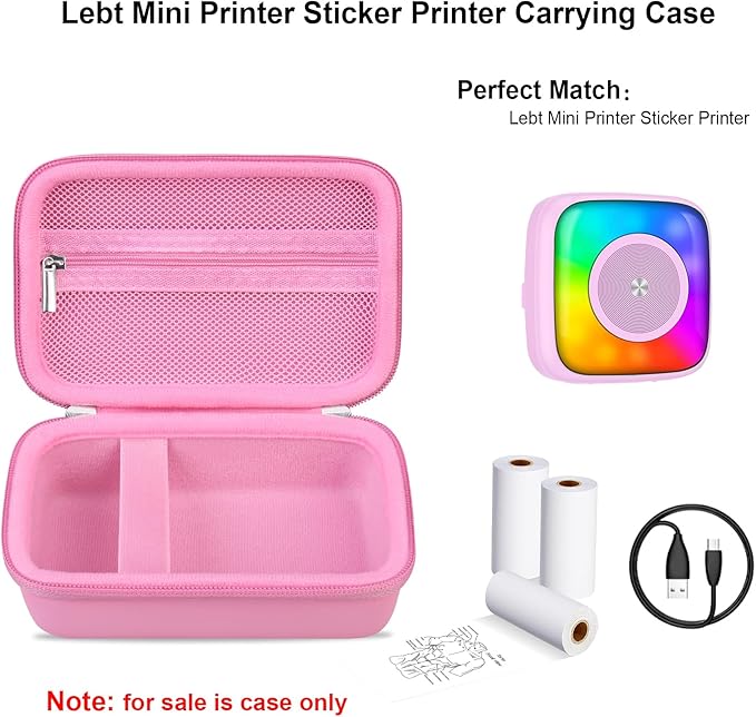 Elonbo Carrying Case for Lebt Mini Sticker Pocket Printer, Label Printer Portable Thermal Printer Travel Bag, Label Maker Machine Storage Holder, Mesh Pocket Fits Label Paper Rolls Tape, Dark Pink