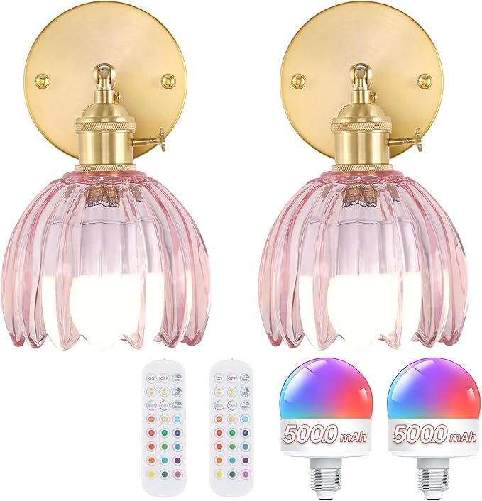 Vintage 5000 mAh Battery Operated Wall Sconce with Pink Clear Tulip Glass Lampshade Rechargeable Battery Powered Wall Light with Remote Control for Bedroom Doorway, Set of 2