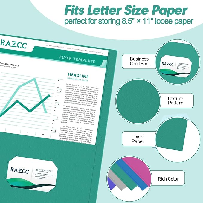 Two Pocket Folders, RAZCC 50 Pack 2 Pocket Folders Fit Letter Size Paper, Paper Folders with Pockets for School Office Business Home, Assorted 5 Colors