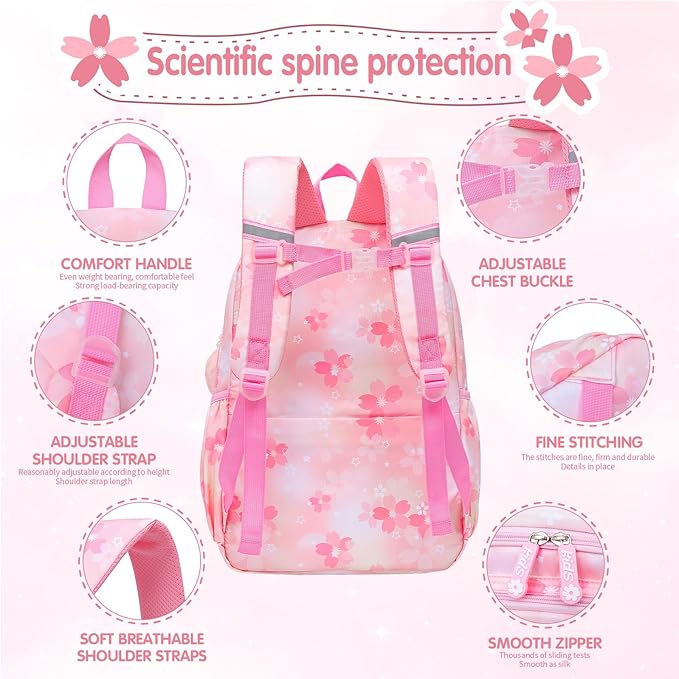 Lovely Girls Backpack School Bag for Students Kids Book Bag with Multiple Pockets Splash-proof Children's Backpack（17inch Set Pink）