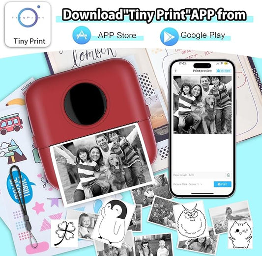 HuiJuKeJi Mini Sticker Printer Bluetooth Smart Pocket Inkless Thermal Printer with 11 Rolls Thermal Paper and Sticker for iOS&Android, Portable Receipt Printer for Photo Note Memo (Brown red)
