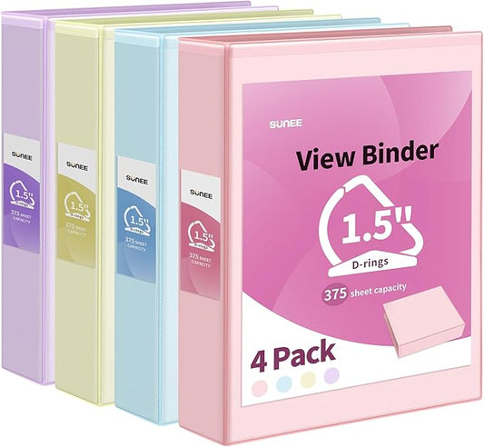 SUNEE 3 Ring Binder 1.5 Inch D Ring, Clear View Binder Three Ring PVC-Free (Fit 8.5x11 Inches) for School Binder or Office Binder Supplies, Assorted Pastel Binder, 4 Pack