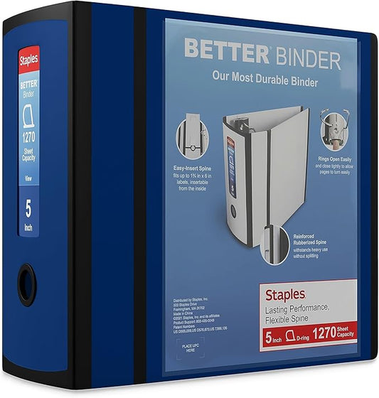 Staples Better Binder Heavy-Duty View, Blue, 1000-Sheet Capacity, 5" (Ring Diameter)