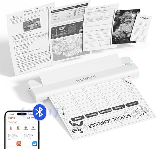 MUNBYN Portable Printers Wireless for Travel ITP02, Portable Printer Bluetooth, Support 8.5"x11" & A4 Thermal Paper, Compatible with Android, iOS & Laptop, Small Printer for Office, School(White)