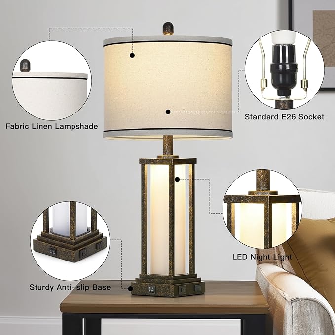 27in Tall Farmhouse Table Lamp Set of 2 with USB C+A & Outlet,Bronze Industrial End Table Lamp for Living Room,Vintage Rustic Bedside Lamps with Night Light for Bedroom Nightstand,Bronze