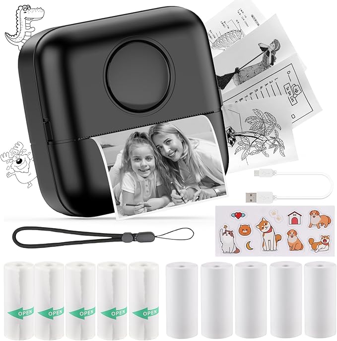HuiJuKeJi Mini Sticker Printer Bluetooth Smart Pocket Inkless Thermal Printer with 11 Rolls Thermal Paper and Sticker for iOS&Android, Portable Receipt Printer for Photo Journal Notes Memo