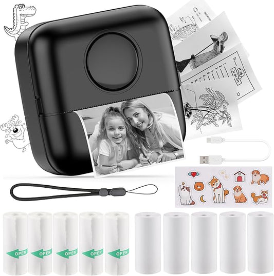 HuiJuKeJi Mini Sticker Printer Bluetooth Smart Pocket Inkless Thermal Printer with 11 Rolls Thermal Paper and Sticker for iOS&Android, Portable Receipt Printer for Photo Journal Notes Memo