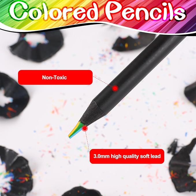 TINNIVI Art Supplies for Kids, 7 Color Black Wooden Rainbow Colored Pencils, Pre-sharpened, Multicolored Core, with Sharpener, for Coloring Books, Drawing, Sketching, 24pcs