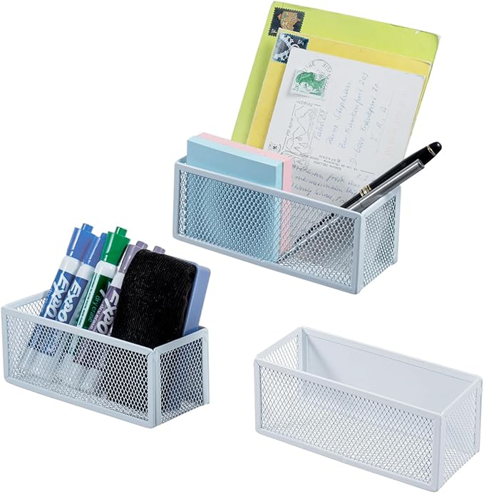 MyGift White Wire Mesh Magnetic Storage Baskets, Whiteboard Accessories, Classroom and Office Supply Organizer, Set of 3