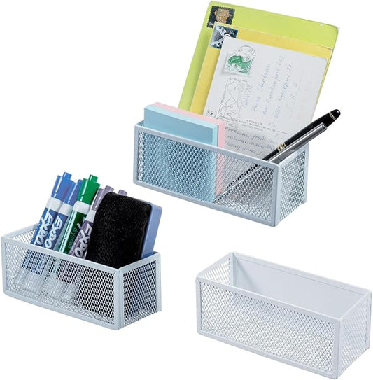 MyGift White Wire Mesh Magnetic Storage Baskets, Whiteboard Accessories, Classroom and Office Supply Organizer, Set of 3