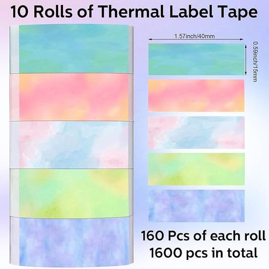 1600 Pcs Label Tapes 15 x 40 mm Laminated Stickers Replacement Compatible with D30 Portable Thermal Label Paper Printer Tapes for Office 160 Pcs/Roll (Watercolor)